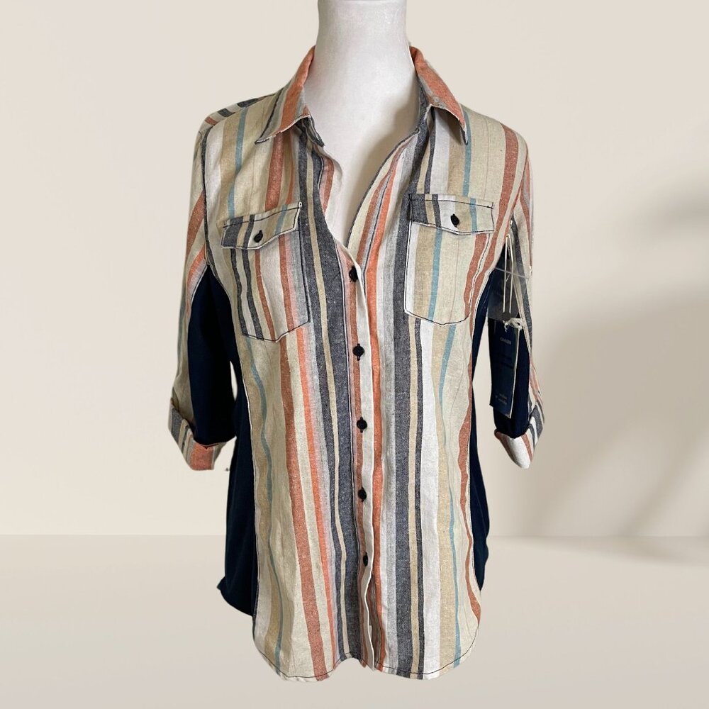 Cavalini Striped Button-Front Shirt with Navy Side Panels